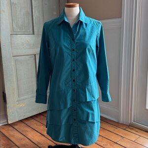 FINLEY Jenna Shirt Dress Roll-Tab Sleeve Asymetric Tiered Teal Sz S USA Artsy